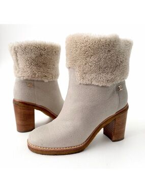 CHANEL | Beige Shearling Fur Suede Ankle Boots Heeled Booties CC Logo 37.5